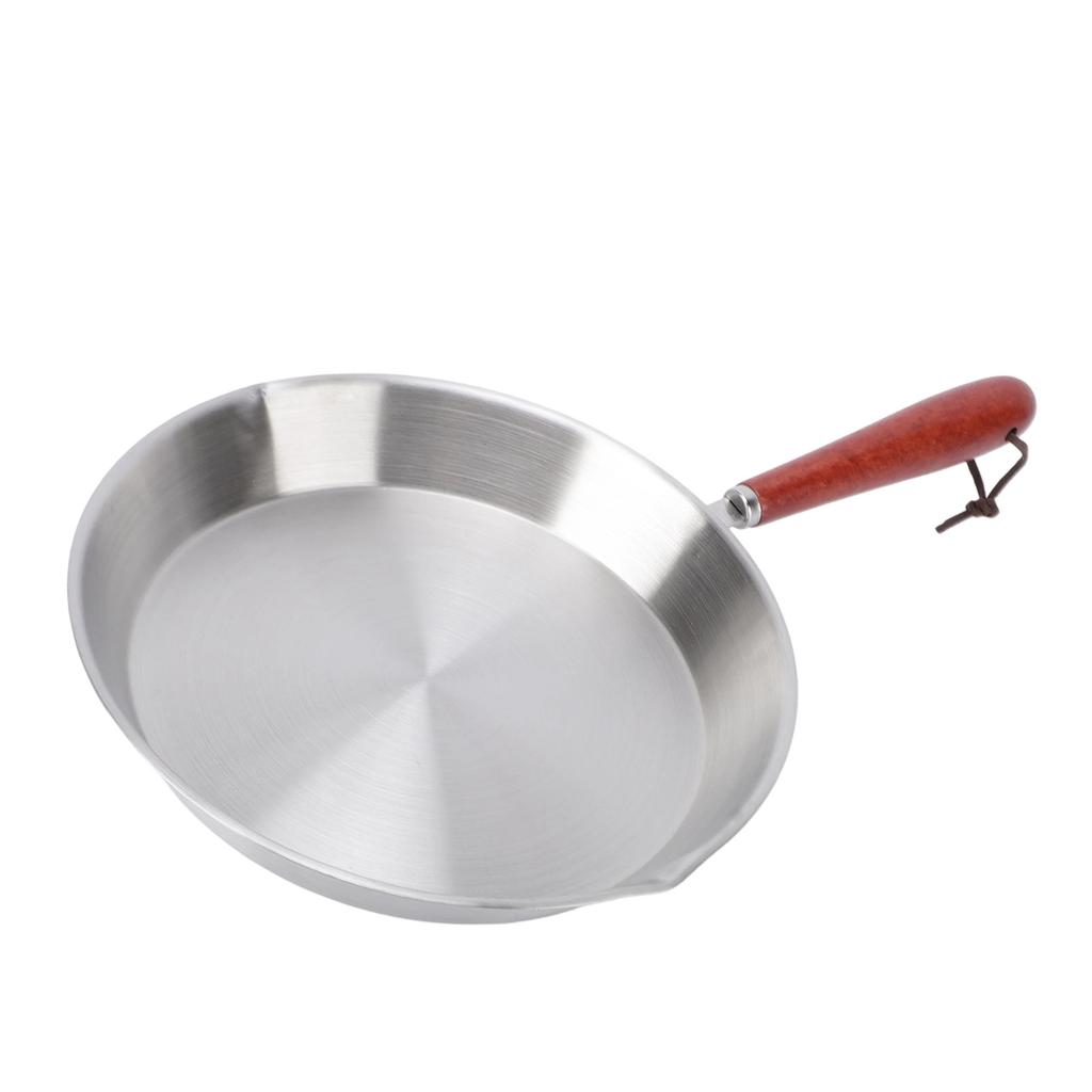 304 Stainless Steel Egg Frying Pan Small Omelet Pan with Pouring Spout Wooden Handle for Cooking Breakfast Pancakes