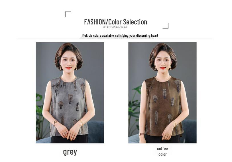 2026 Summer French Retro Loose Casual Imitation Silk Printed Sleeveless Vest for Middle-aged and Elderly Women