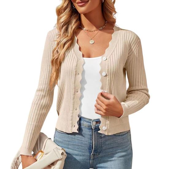 Women Knitting Cardigan V-Neck Buttoned Long Sleeve Knitting Jacket Solid Color Elastic Short Knit Tops Daily Wear
