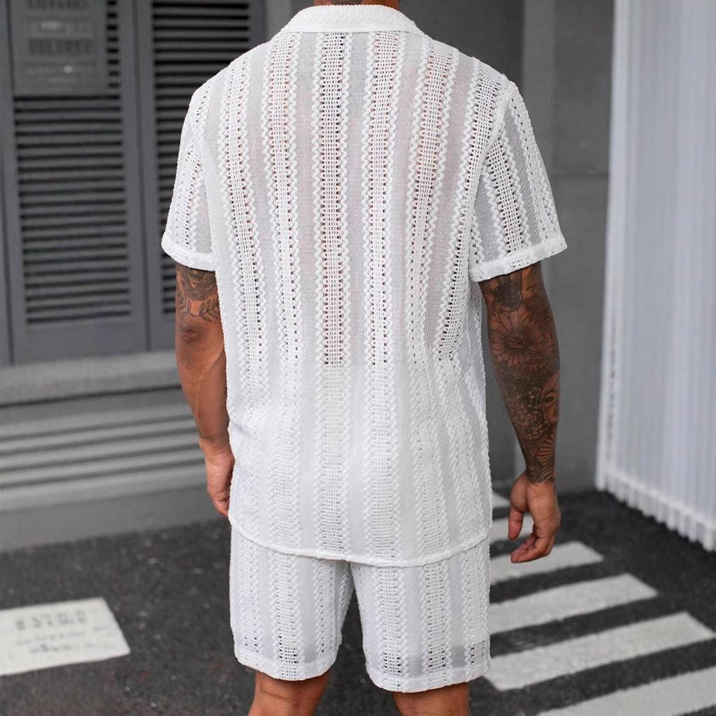 Men's Lace Short-sleeved Shirt With See-through Buttons, Holiday Casual Hollowed-out Top