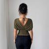 Women Solid Deep V Neck Short Sleeve Cinched Waist Sexy Casual Fitted Top