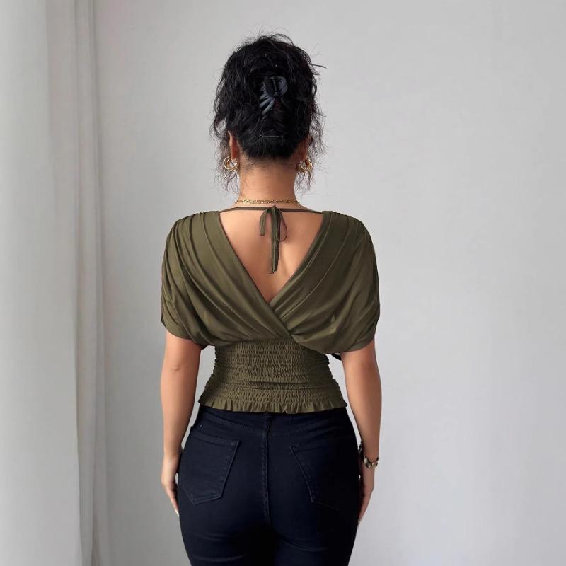 Women Solid Deep V Neck Short Sleeve Cinched Waist Sexy Casual Fitted Top