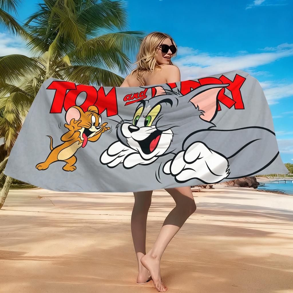 Tom&Jerry Cartoon Beach Towel Soft Microfiber Bath Towel Flat Print Absorbent Towel for Beach Pool Camping