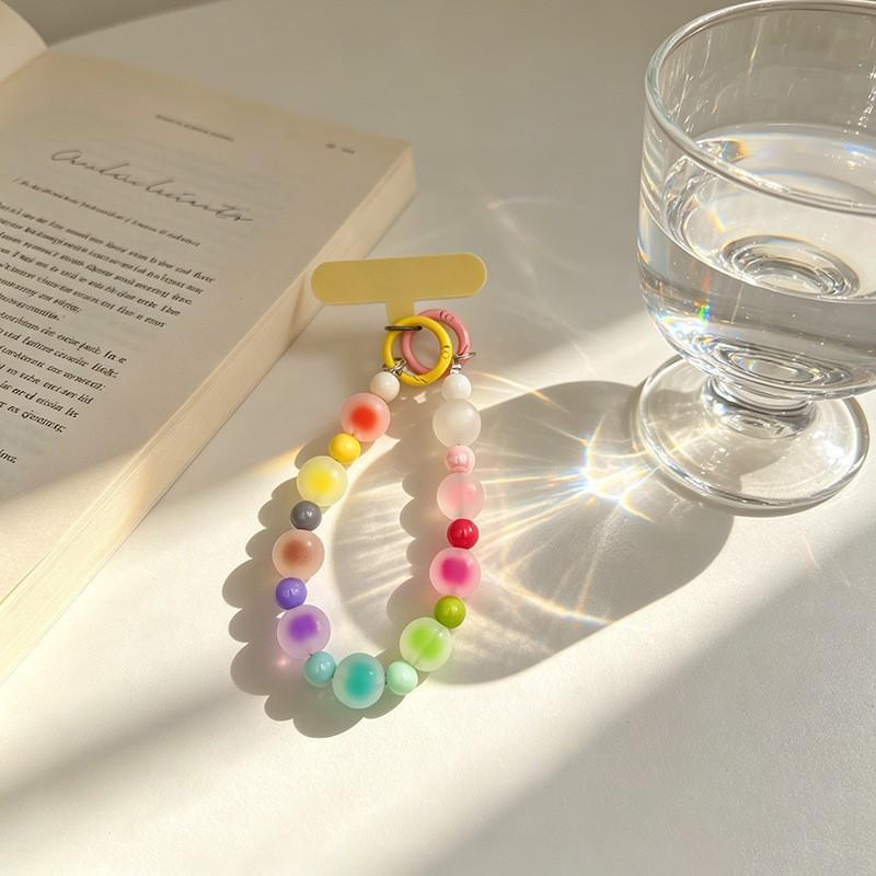 Rainbow Frosted Jelly Bead Phone Lanyard Lightweight Double Clasp Anti-Lost Wrist Strap for Daily Commute Shopping