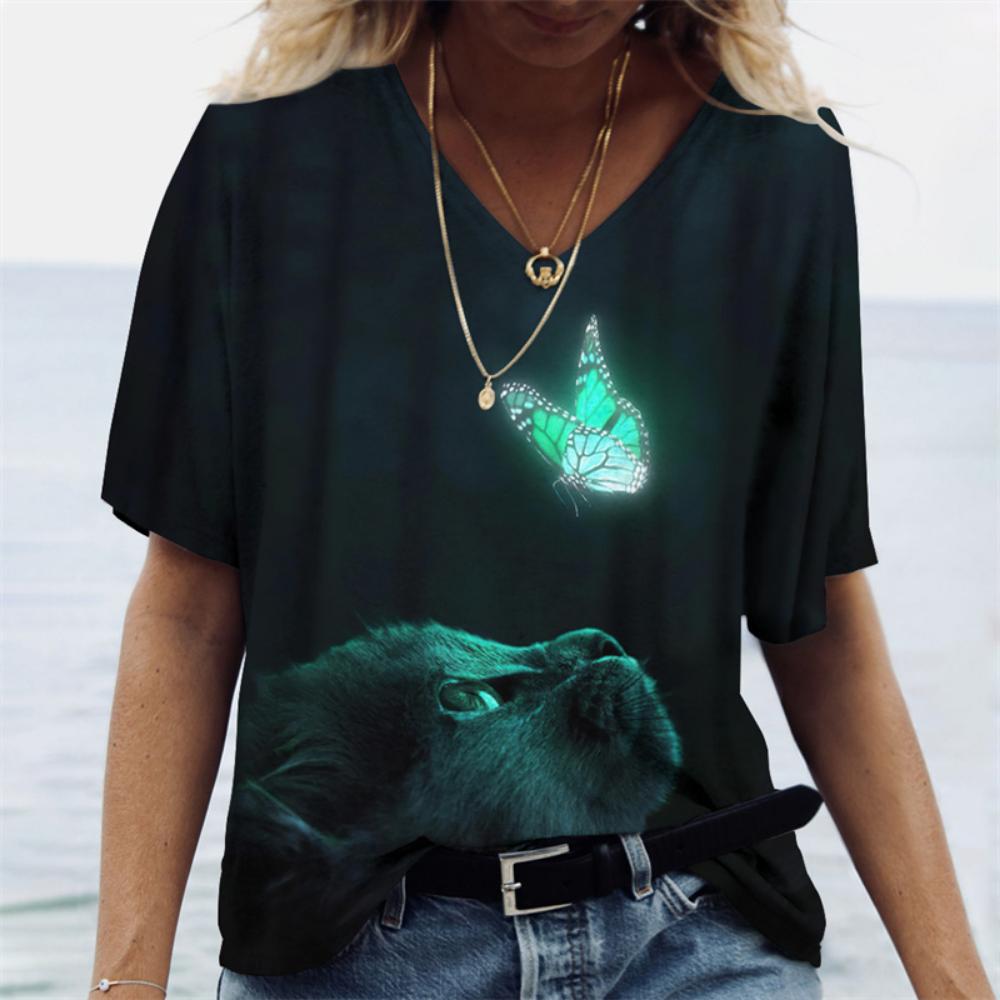 Yazlık Kadın Tişörtü AI Turuncu Kedi Baskılı Günlük Kısa Kollu 3d Tişörtler Moda Sokak Giyimi Bisiklet Yaka Kazak Kadın Giyim