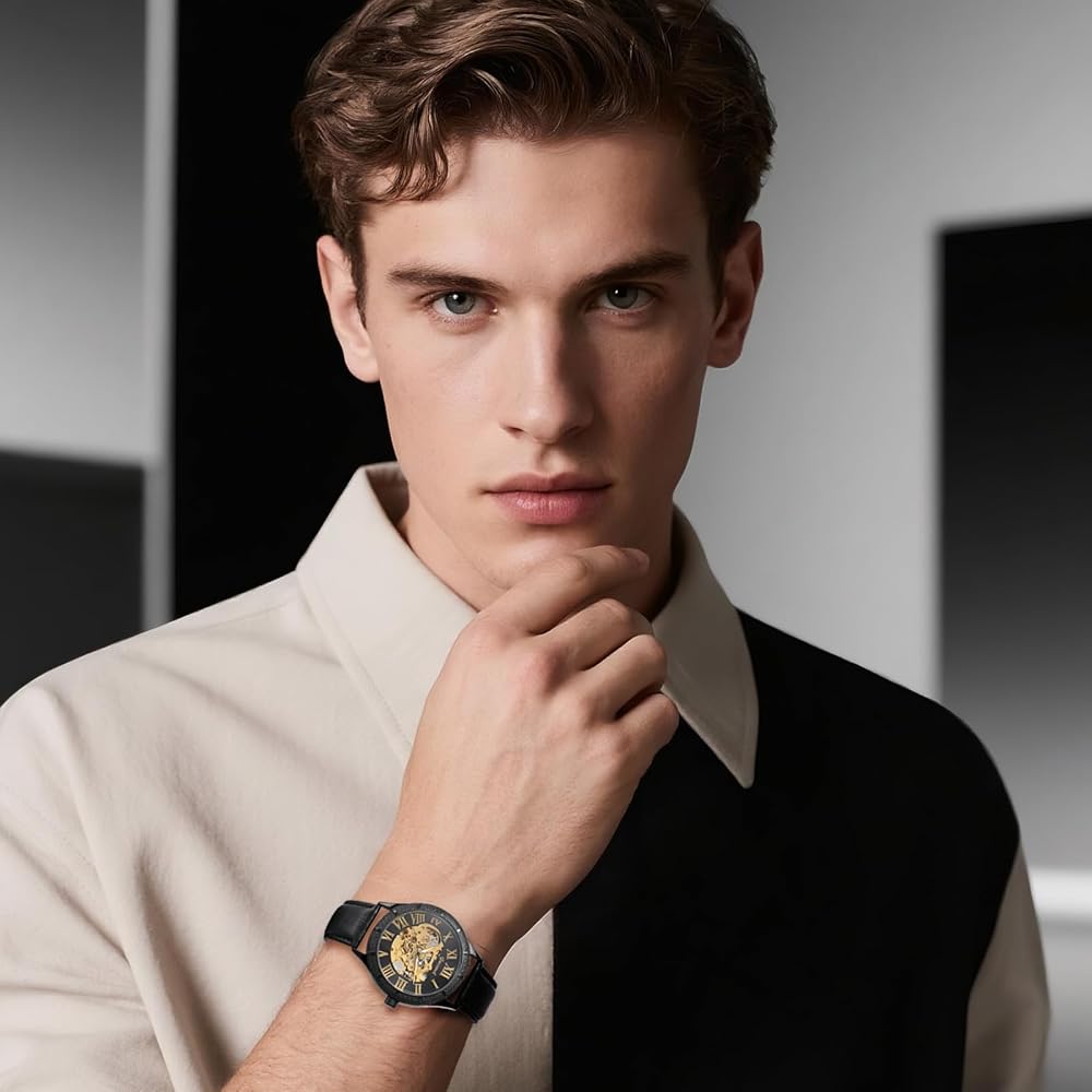 Men's Automatic Mechanical Watch Black Leather Strap Stainless Steel Luminous Roman Numerals Water Resistant Casual Wear