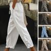 Mid-rise Elastic Waistband Casual Pants Drawstring Pockets Bandage Cuffs Summer Solid Color