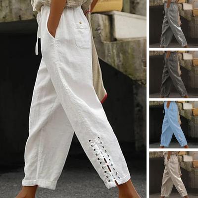 Mid-rise Elastic Waistband Casual Pants Drawstring Pockets Bandage Cuffs Summer Solid Color