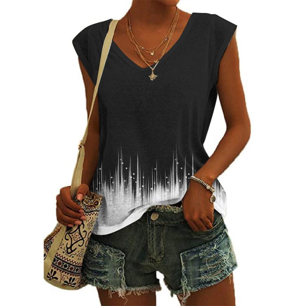 Women's Casual Top V-neck Print Loose Pullover Short Sleeve T-shirt