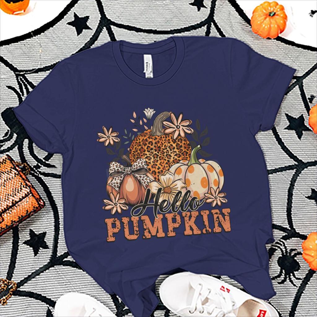 Hello Pumpkin Tshirt FeUnisex Halloween Fall Leopard Pumpkin Coquette Bow Graphic T Shirts Spooky Season Short Sleeve Tee Top