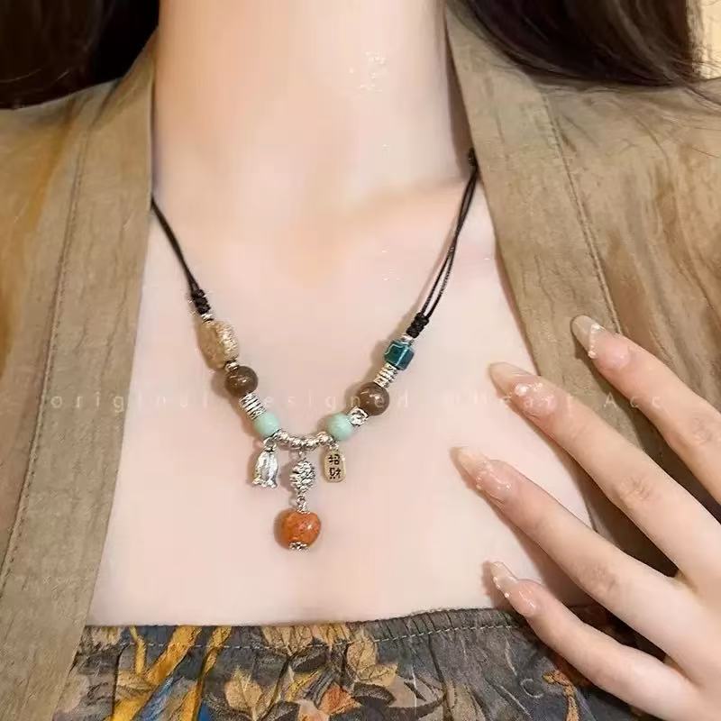 Black cat pink star beaded necklace female summer y2k hottie versatile accessories sweet cool collarbone chain