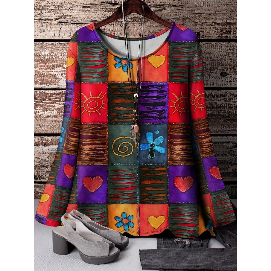 Women Fashon Polyester Comfortable T Shirts Sports Grid 3D Print Loose Round Neck Long Sleeve T-shirt Top