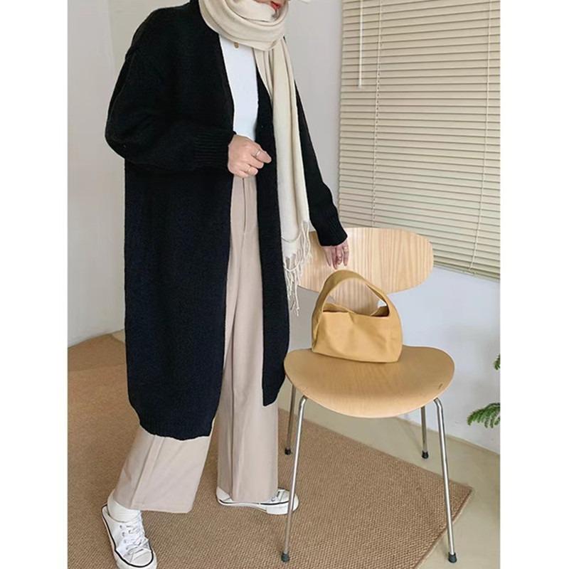 Autumn Winter Knitted Cardigan Women Medium and Long Sweater Jacket Gentle Loose Simple V Neck Cardigans Solid Color Office Coats Long Sleeve Clothing