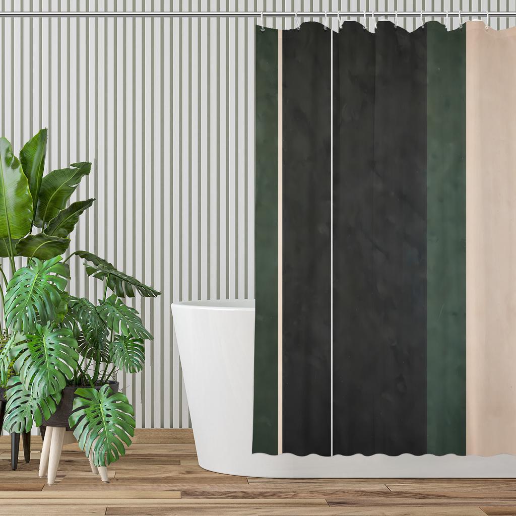 Modern Vertical Stripe Shower Curtain – Dark Green & Beige Panels, Minimalist Design, Polyester, Includes Hooks
