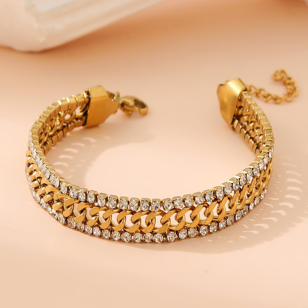 Trend Personality Stainless Steel Gold Color Shining Brightly Double-row Zircon Inlay Adjustable Bracelet for Women Jewelry Gift