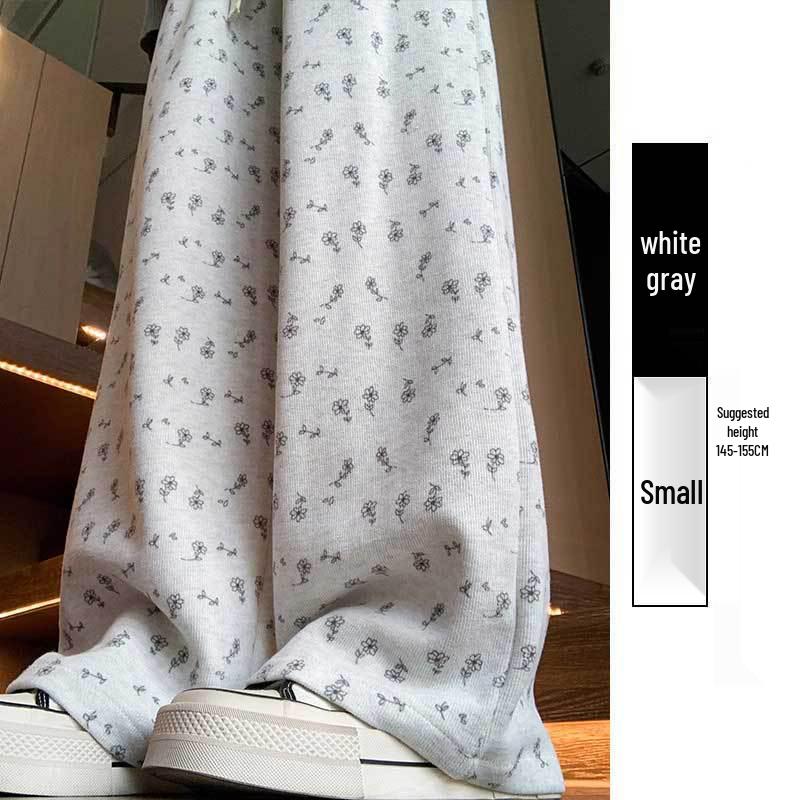 Petite White Floral Women's Summer Sweatpants, Thin Wide-Leg Loose Fit Joggers, XS