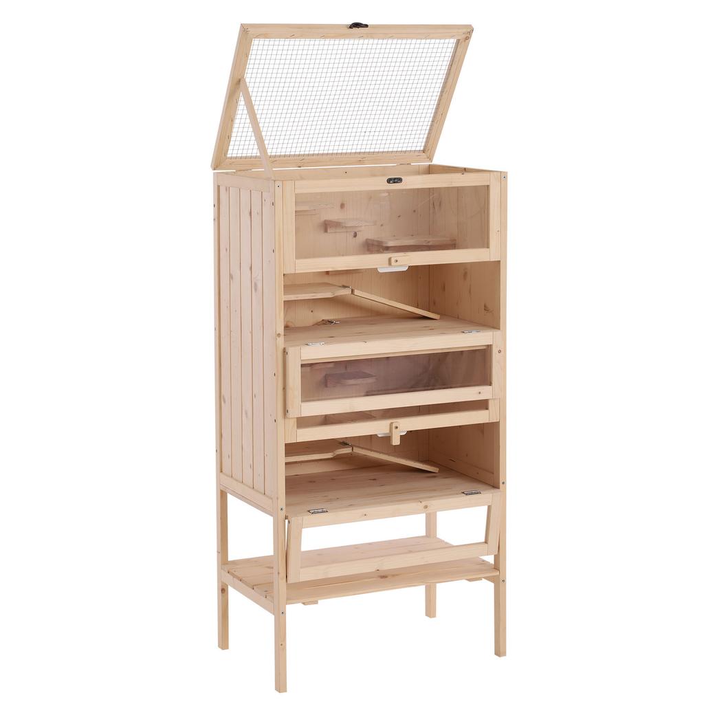 Solid Wood Hamster Cage with Opening Roof, 4 Connected Shelves and Ramps, 60 x 40 x 120 cm