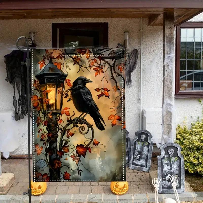 1pc Halloween Garden Flag Allan Poe The Raven Cowboy Cat 3D Printed Halloween Yard Outside Decoration No Flag Pole 12X18 Inch