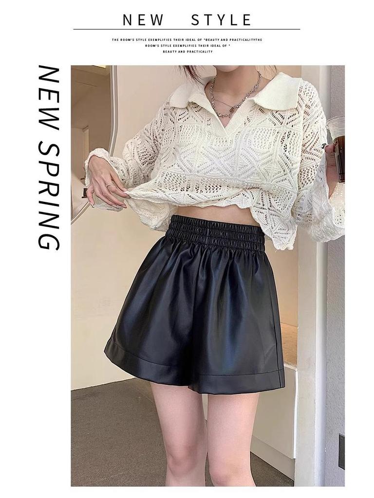 PU Leather Women’s High-Waist A-Line Shorts – Autumn/Winter 2025 Black Fashion Wide-Leg Casual Pants
