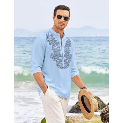 Męska bawełniana krótka kurta z długim rękawem i etnicznym dekoltem | Casualowa kurta o pogniecionej fakturze ze stójką