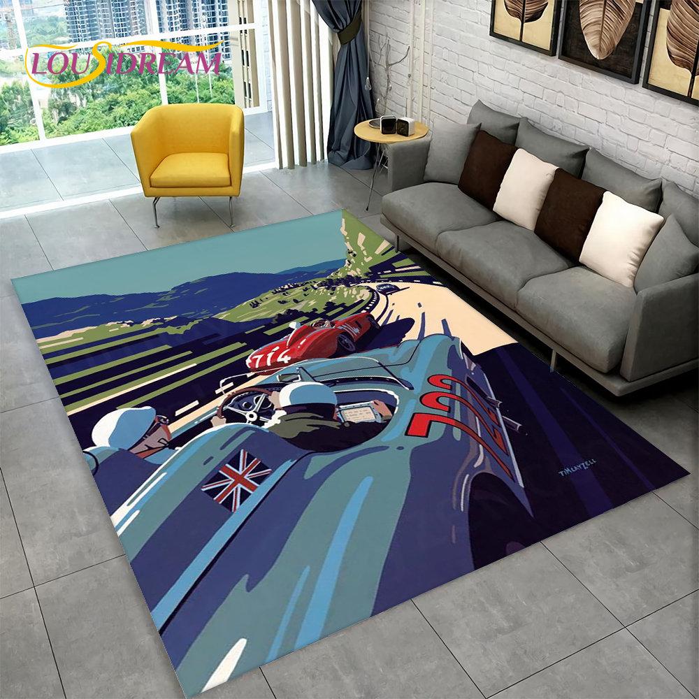 Großer 3D-Teppich mit Rennwagen, Teppich für Zuhause, Wohnzimmer, Schlafzimmer, Sofa, Fußmatte, Dekor, Kinderspiel, Küche, rutschfeste Bodenunterlage