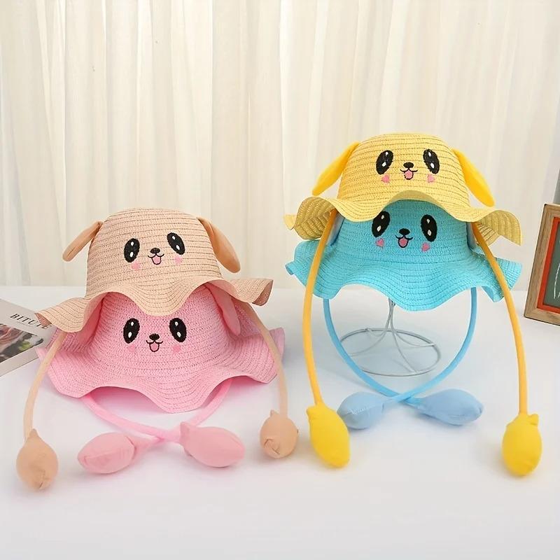 Kids Anti-UV Straw Sun Hat with Moving Rabbit Ear Cute Bunny Fisherman Hat Summer Beach Cap Wide Brim Sun Hat for Girls Boys
