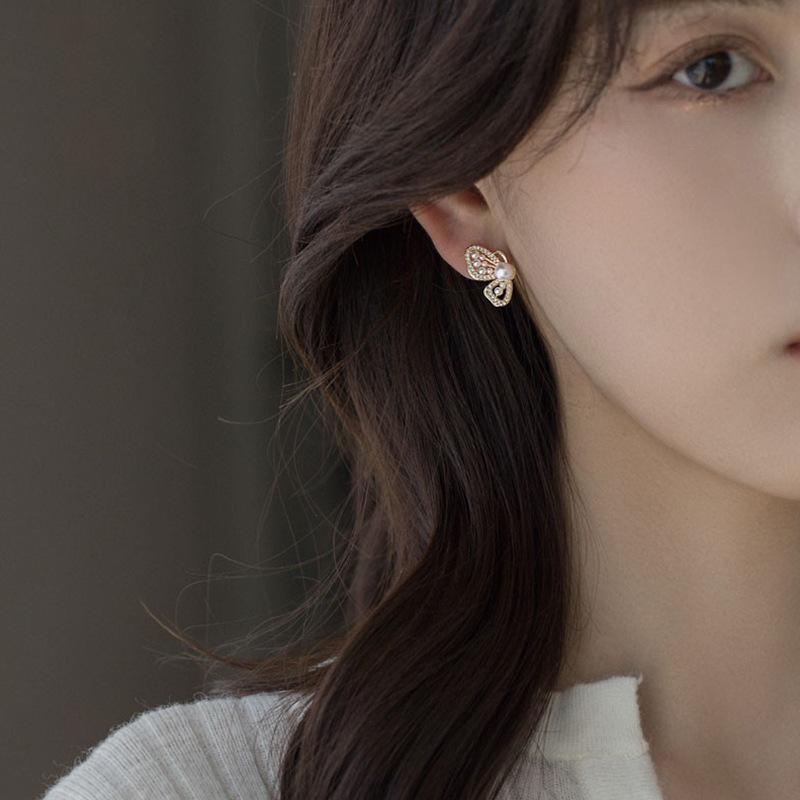 Korean Fashion Flower Butterfly Stud Earrings For Women AAA Zircon Exquisite Leaves Pearl Crystal Earring Party Wedding Jewelry