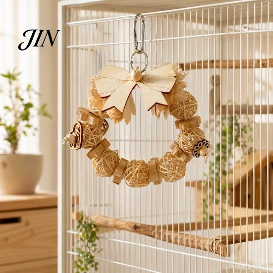 Bird Chew Toy Wooden Bow Ring Parrot Toy, Chewing with Rattan Ball, Natural Wood Hanging for African Grey Cockatoos Macaws, Cage Accessories