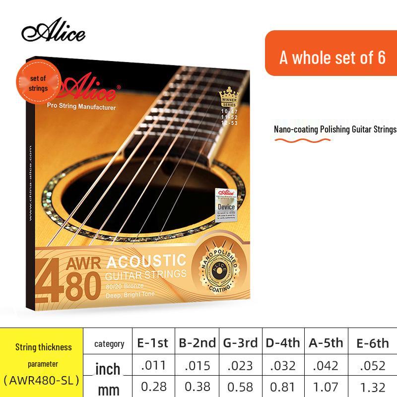 Corde per Chitarra Acustica Alice Folk - Set Completo da 6 (Corde 1ª, 2ª, 3ª come Singole)