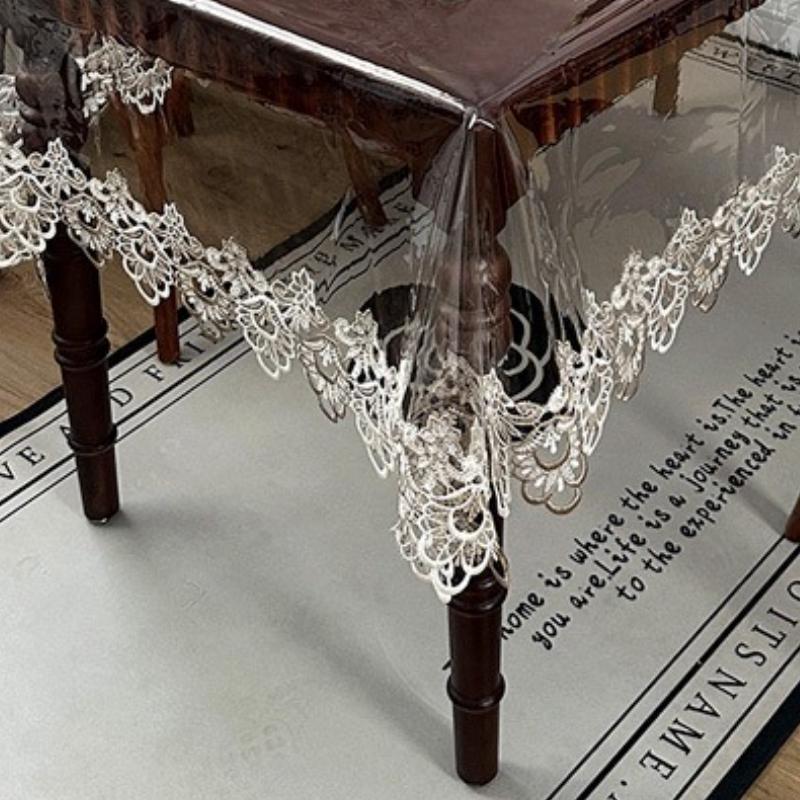 PVC Waterproof Transparent Dining Table Cover Oil-proof Heat-resistant Rectangle Table Cloth Lace Edge Coffee Table Tablecloth