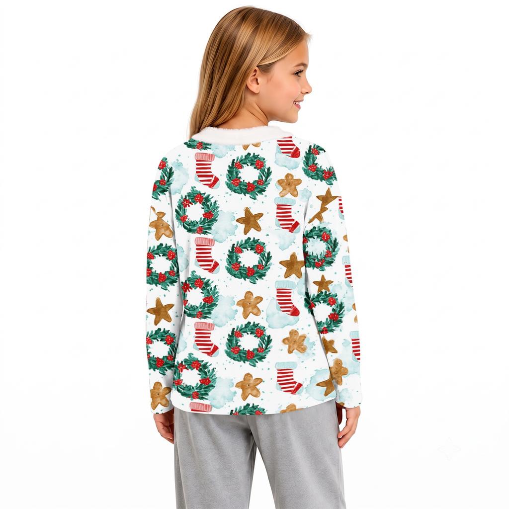 Girls' V-Neck Christmas Print Pullover Top for Winter Casual Wear