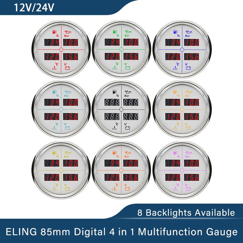 ELING Car 12V 24V 52mm 85mm 4 in 1 Multifunction Gauge with Fuel Level Oil Pressure Water Temp. Voltmeter and 8 Colors Backlight