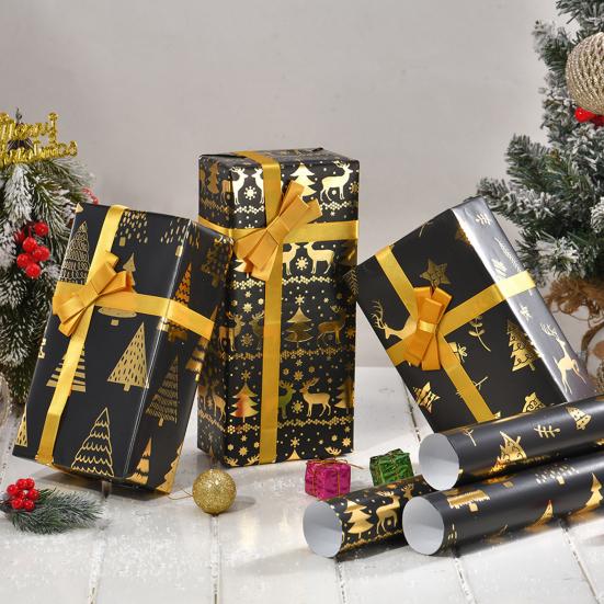 Christmas Reversible Wrapping Paper Roll Black Gold Foil Christmas Tree Snowflake