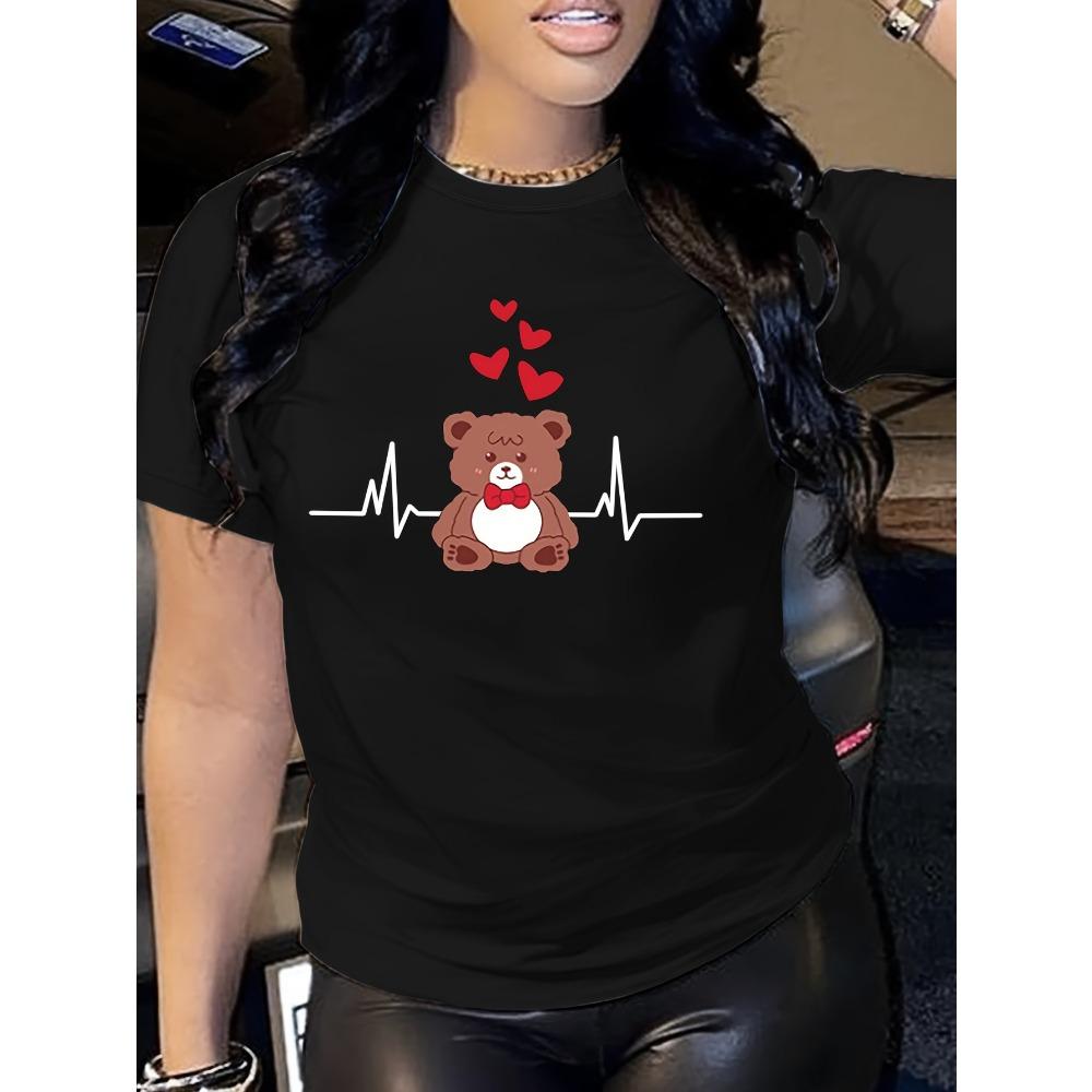 Teddy Bear Heartbeat Women's Tee - Cute Love Graphic, Casual Burgundy Top