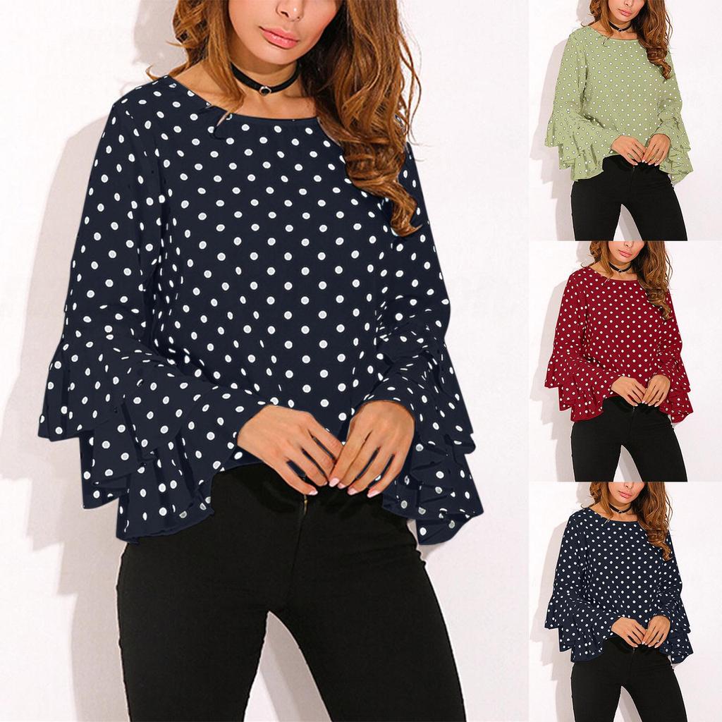 European & American Polka Dot Bell Sleeve Plus Size Chiffon Blouse