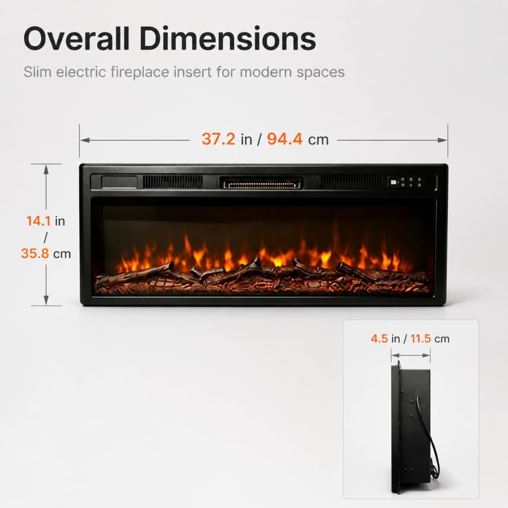 YODOLLA Recessed Electric Fire 37.2 Inch, 1500W Slim Fireplace Insert