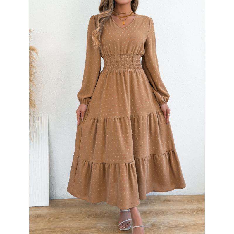 Women Elegant Solid Color Pom Pom Long Sleeve High Waist Ruffled A Line Long Dress