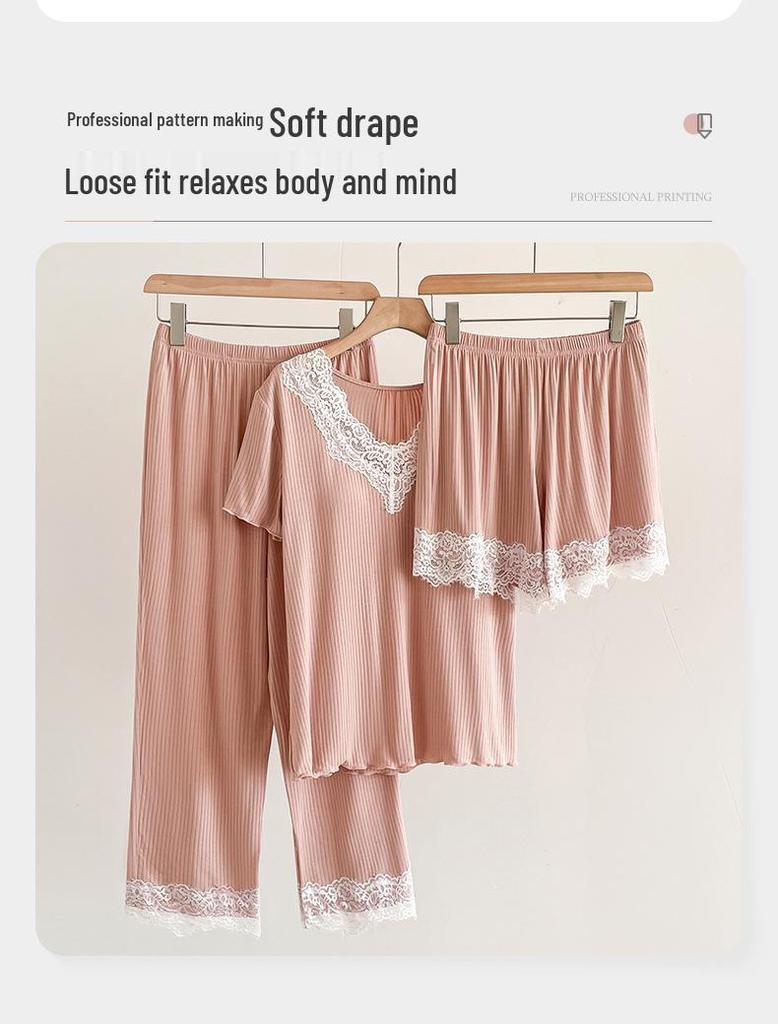 Lace Pajama Set with Built-in Bra, Women’s 3-Piece Home and Outdoor Loungewear for Spring and Autumn.