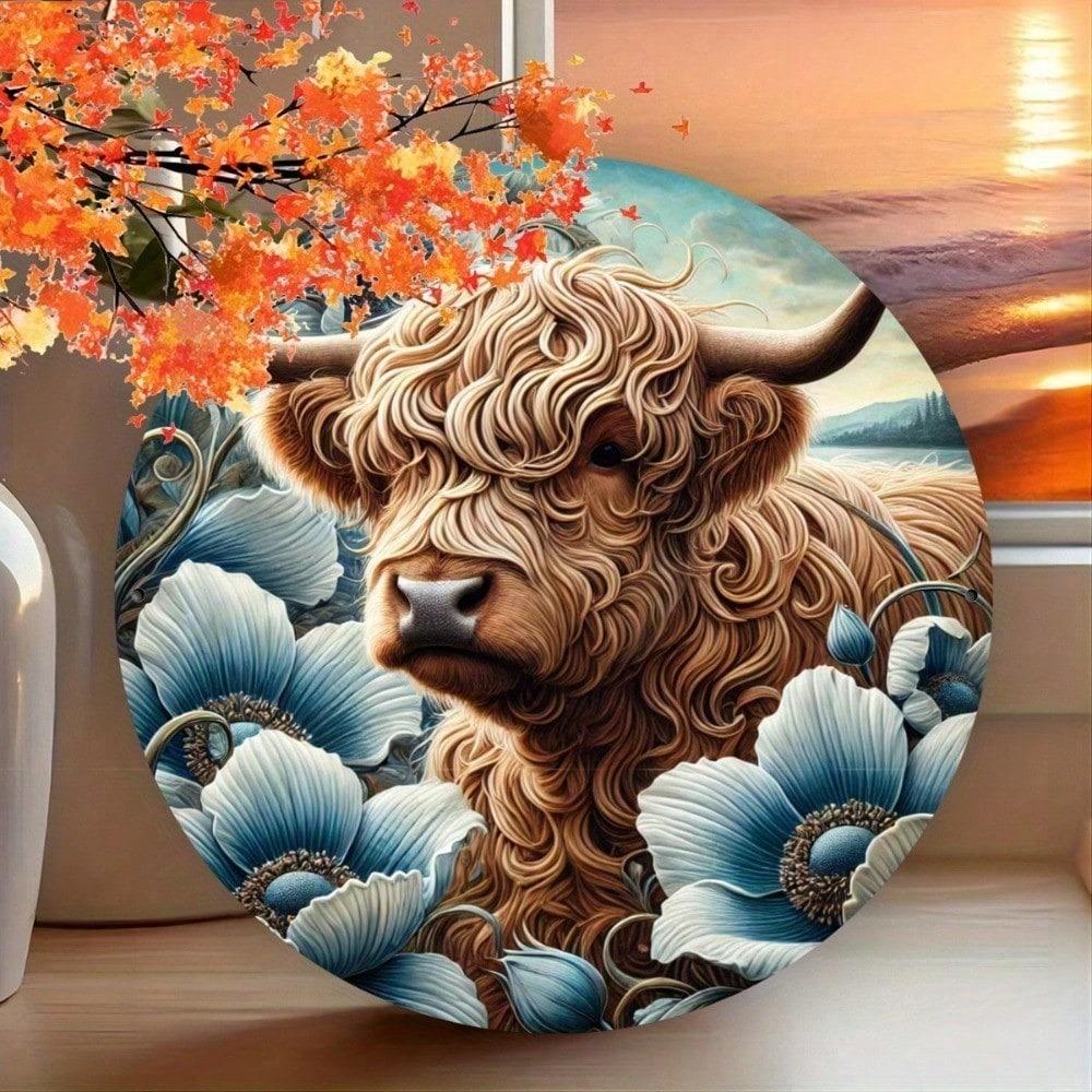 Metal Wall Art Poster Round Sign 8x8 inch Blue Flower Mountain Cattle Living Room Decor