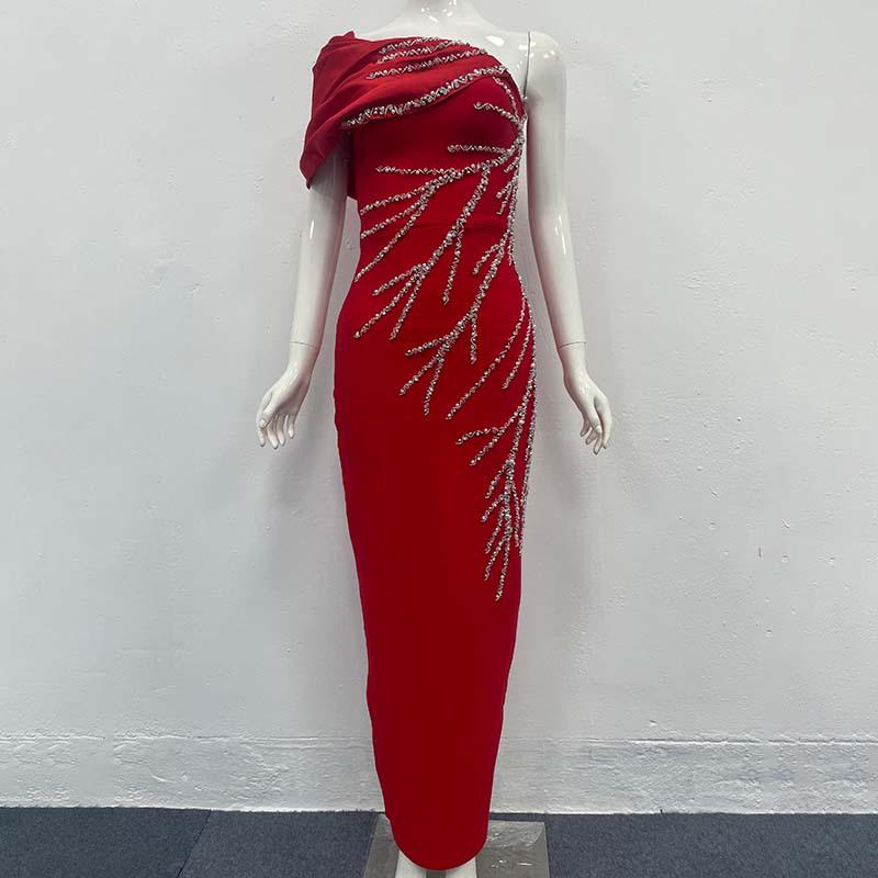 Elegant Handmade Beaded Off-the-Shoulder European & American Bandage Evening Dress