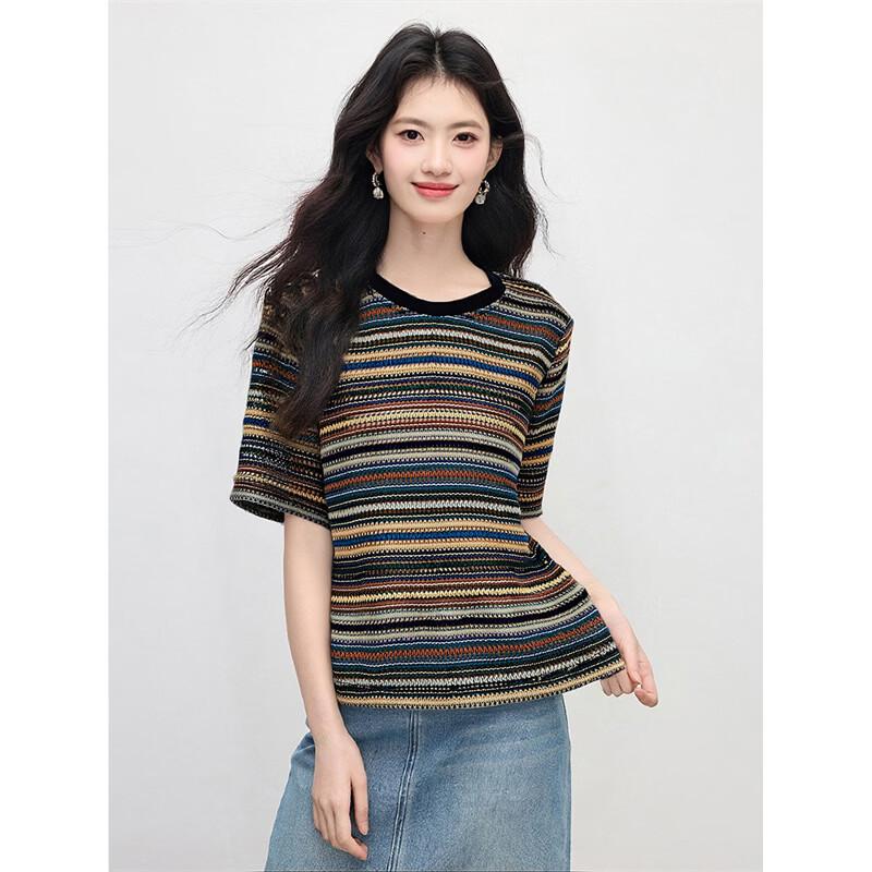 Women's Color Block Striped Knit Casual T-Shirt