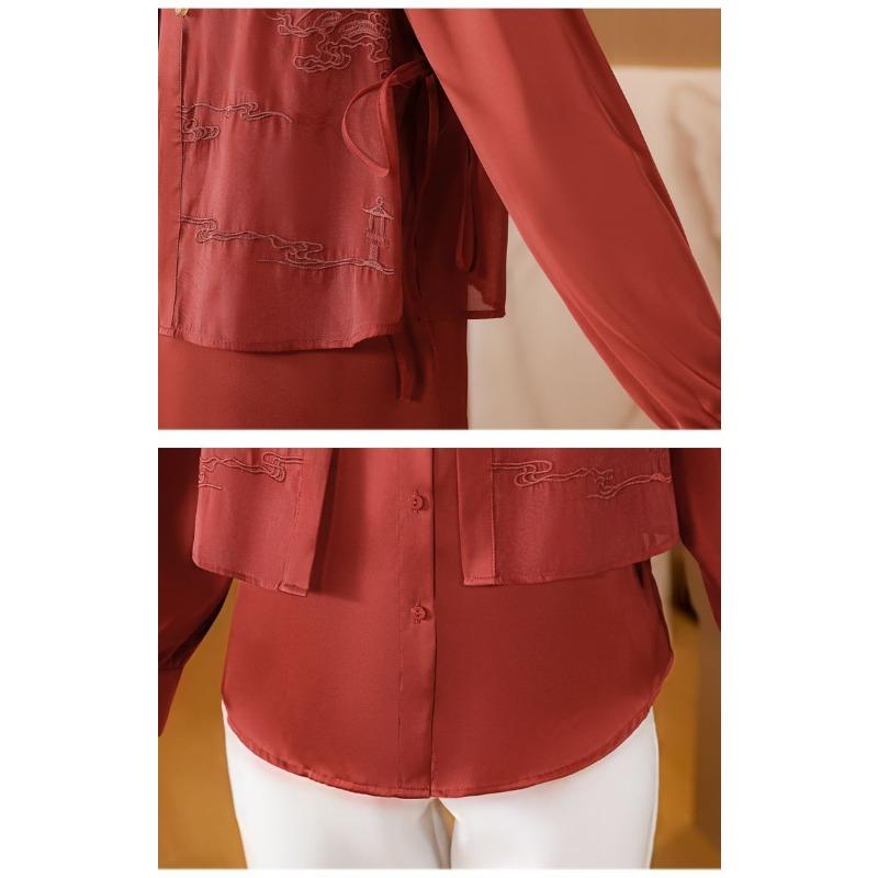 New Chinese Embroidered Casual Chiffon Top Women's Long-sleeved Autumn Mom Fake Two-piece Shirt