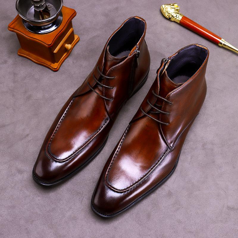Fashion Men's Boots Winter Warm Dress Zipper Men's Leather Boots British Men's Boots Genuine Leather Boots Non Slip Soles
