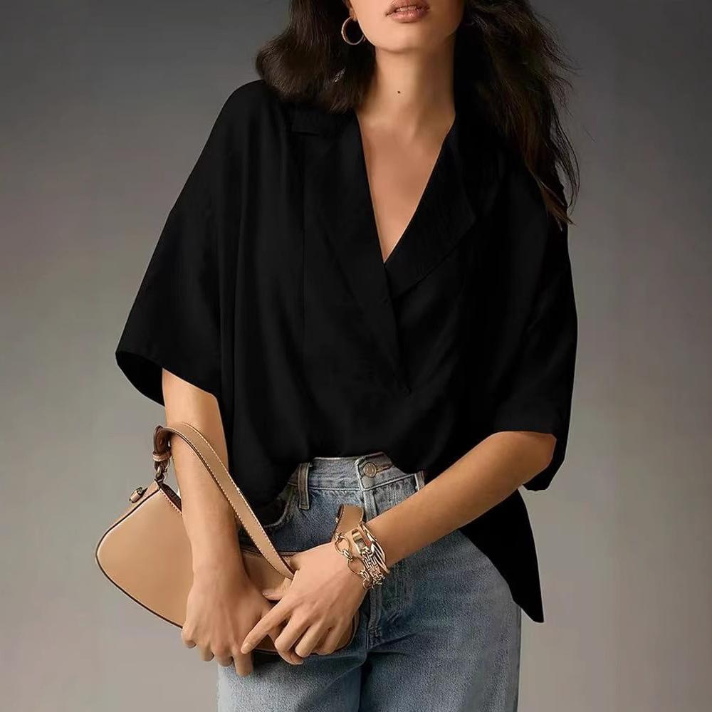 Summer Elegant Women's Blouse New V-neck Short Sleeve Solid Color Loose Shirt Casual White Tops Office Lady Blouses Blusas