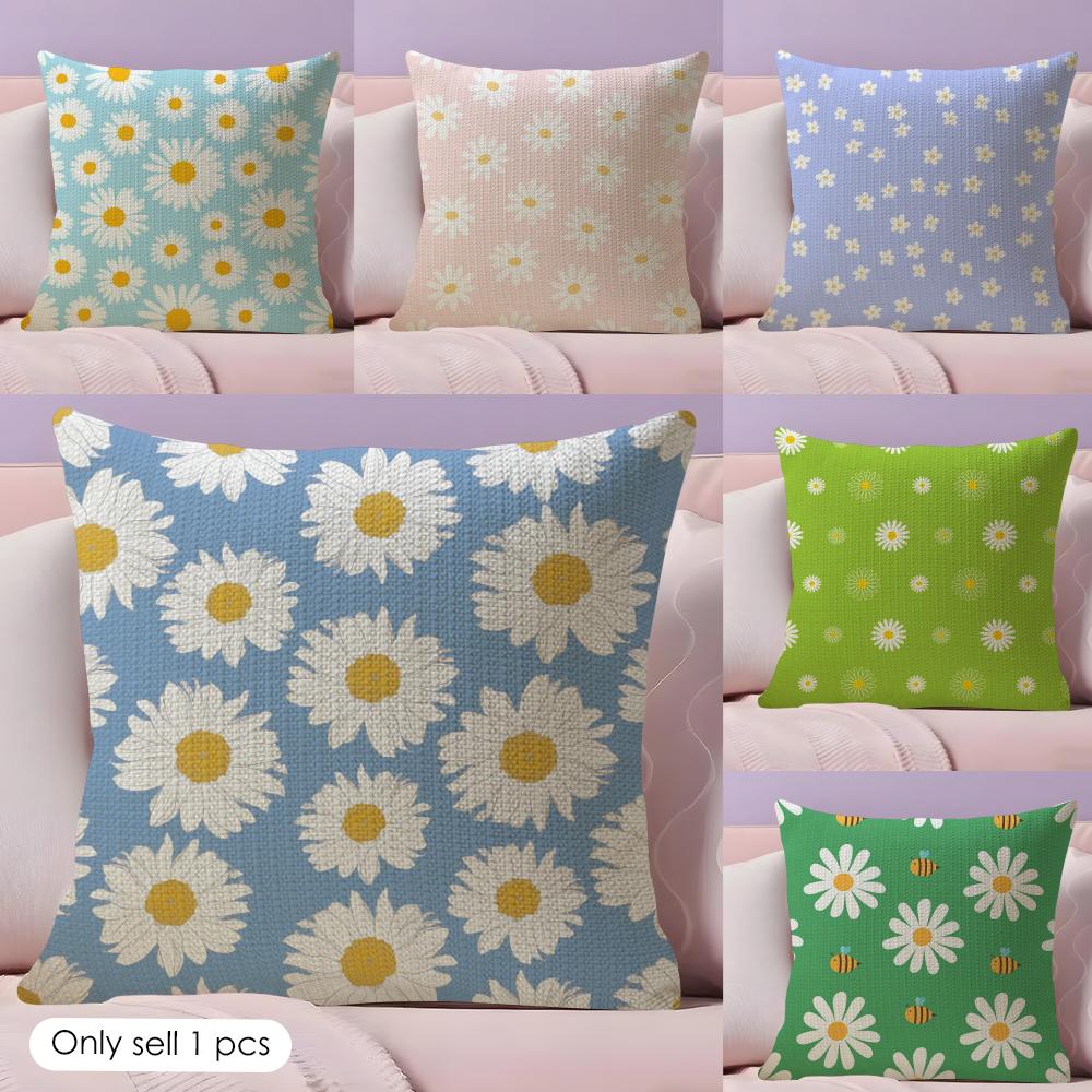 Daisy Pattern Cushion Cover Natural Linen Pillow Cover DoubleSided Print Cushion Cover for Sofa Home Decor
