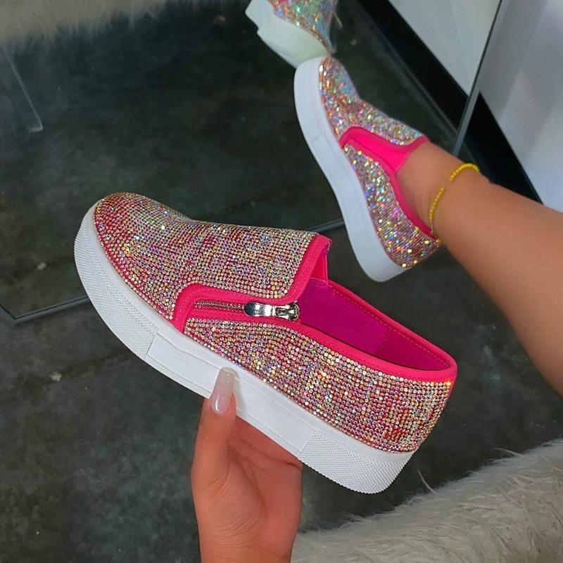 2024 New Woman Sneakers Platform Vulcanized Women Bling Crystal Loafers Autumn Women's Casual Flats Female Zip Sport Shoes