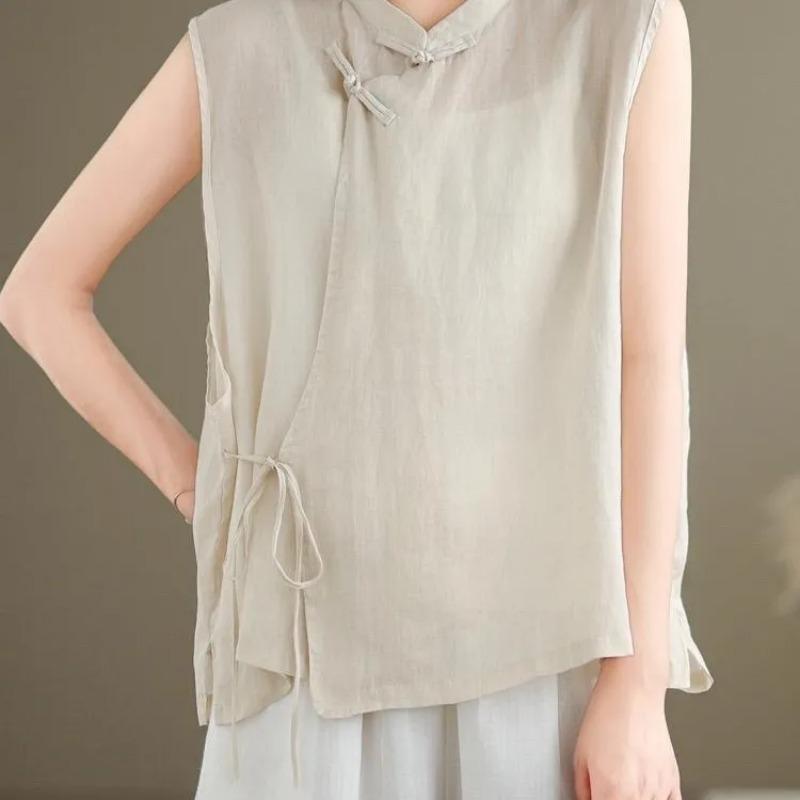 Womens Chinese Style Mandarin Collar Sleeveless Frog Button Blouse