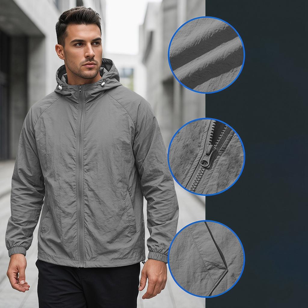 Men's Summer Lightweight Hoodie Jacket Quick Dry Breathable Sun Protection Jacket Thin Outdoor Windbreaker with Hood and Full Zip