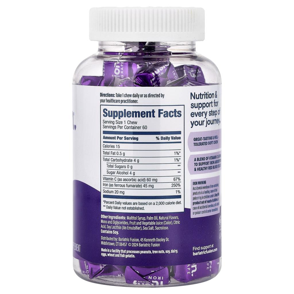 Bariatric Fusion, Iron Plus Vitamin C Soft Chews, Grape Flavor, 60 Soft Chews