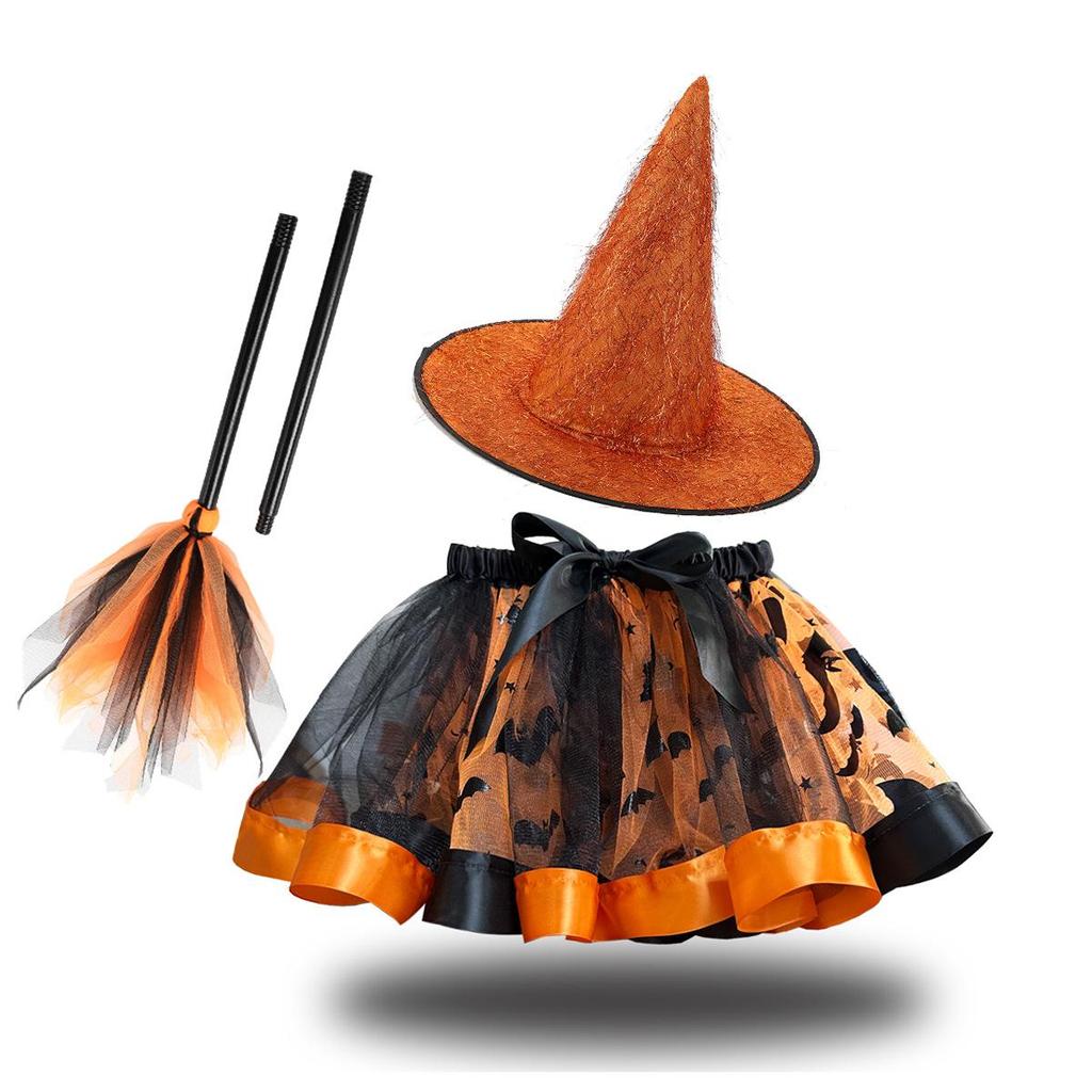 Girls' Halloween Tutu, Witch Hat & Broomstick Fluffy Skirt Set